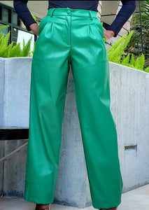 Green Wide Long Leg Leather Pant