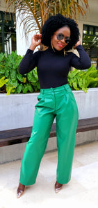 Green Wide Long Leg Leather Pant