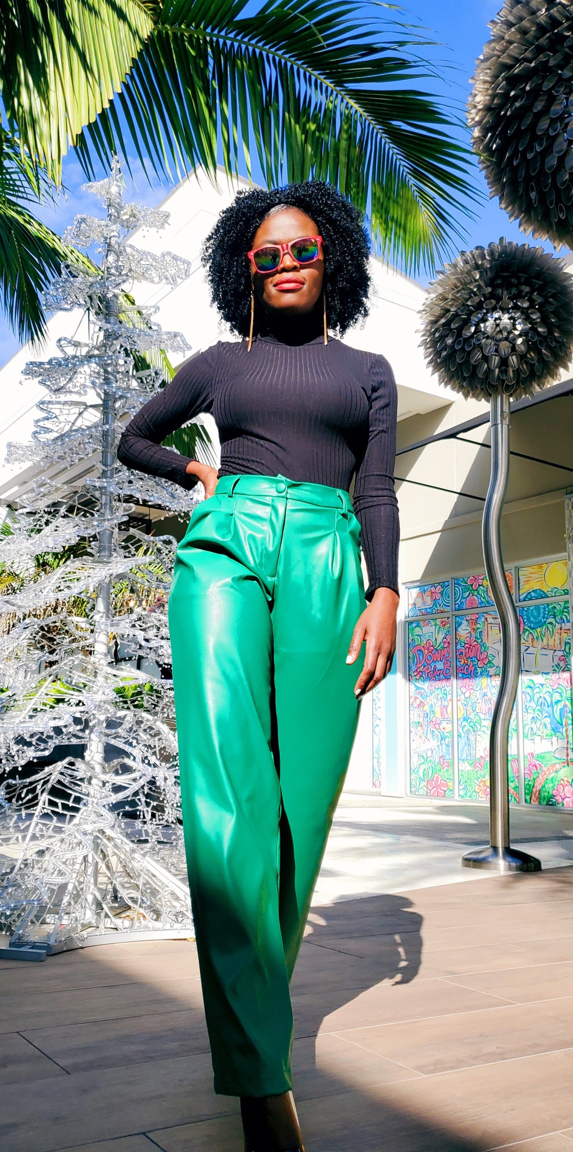 Green Wide Long Leg Leather Pant