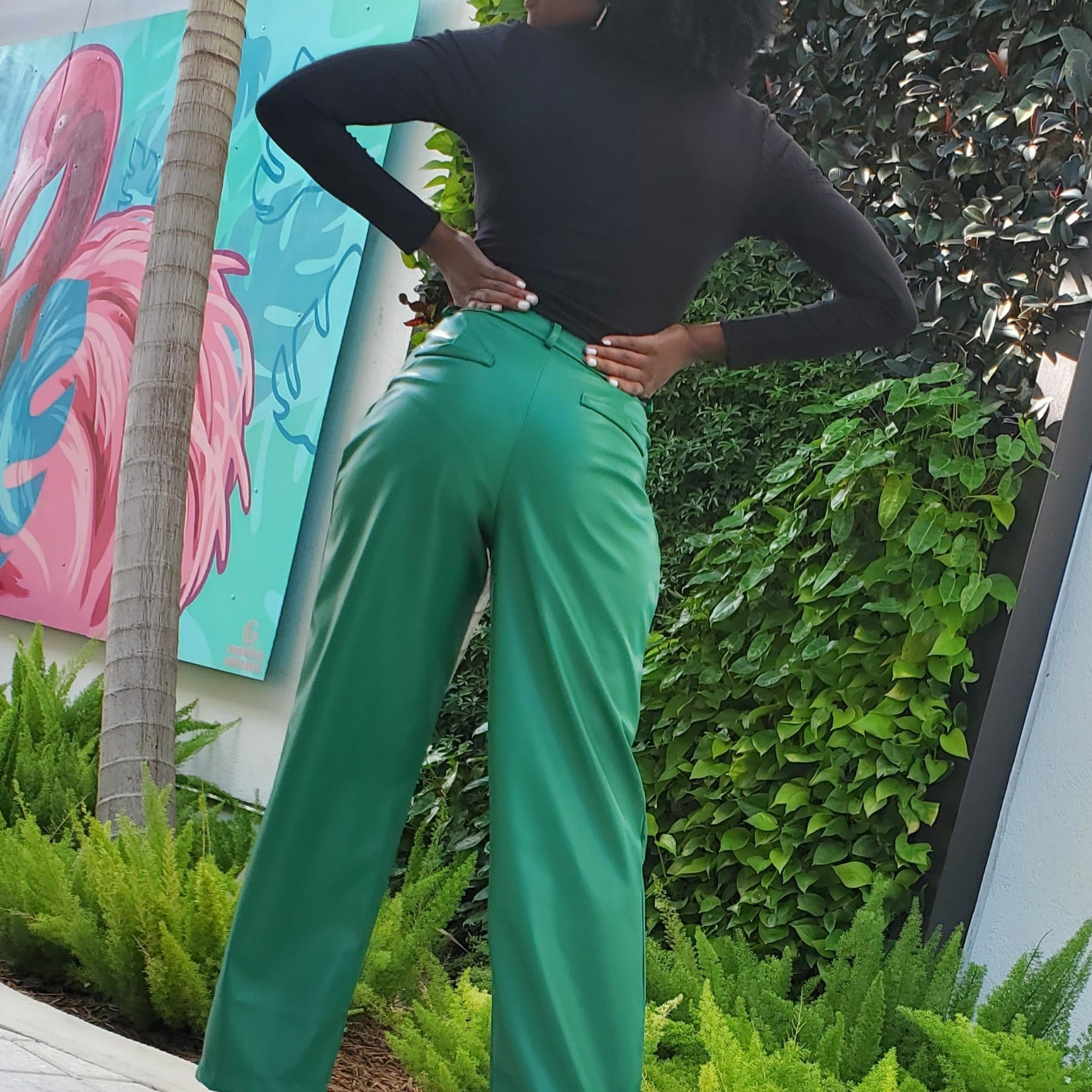 Green Wide Long Leg Leather Pant